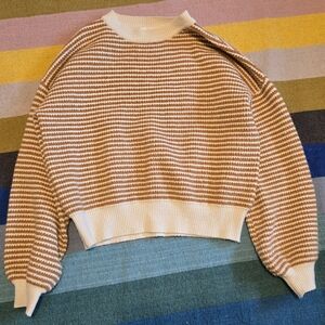 Carly Jean Los Angeles Striped Cream and Tan Cropped Crewneck Sweater